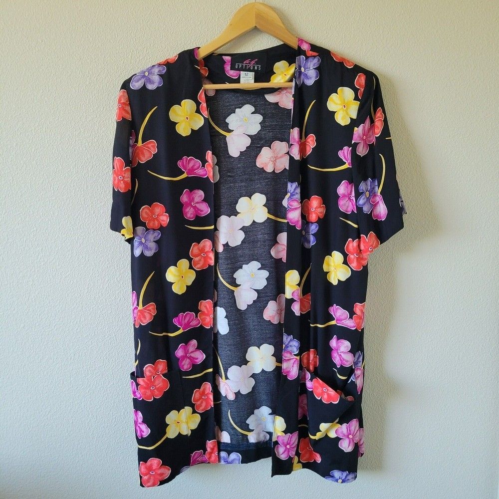 Vtg AG OPTIONS 80s Open Front Summer Jacket Sz 12 Longline Large Floral Kimono